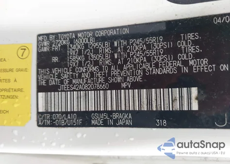 2008 Toyota Highlander Limited z USA, uszkodzony, nr VIN JTEES42A082078660